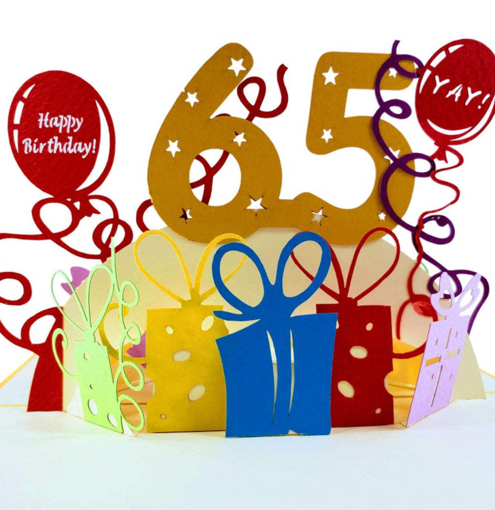 Happy 65th Birthday With Lots of Presents 3D Pop Up Greeting Card – iGifts And Cards